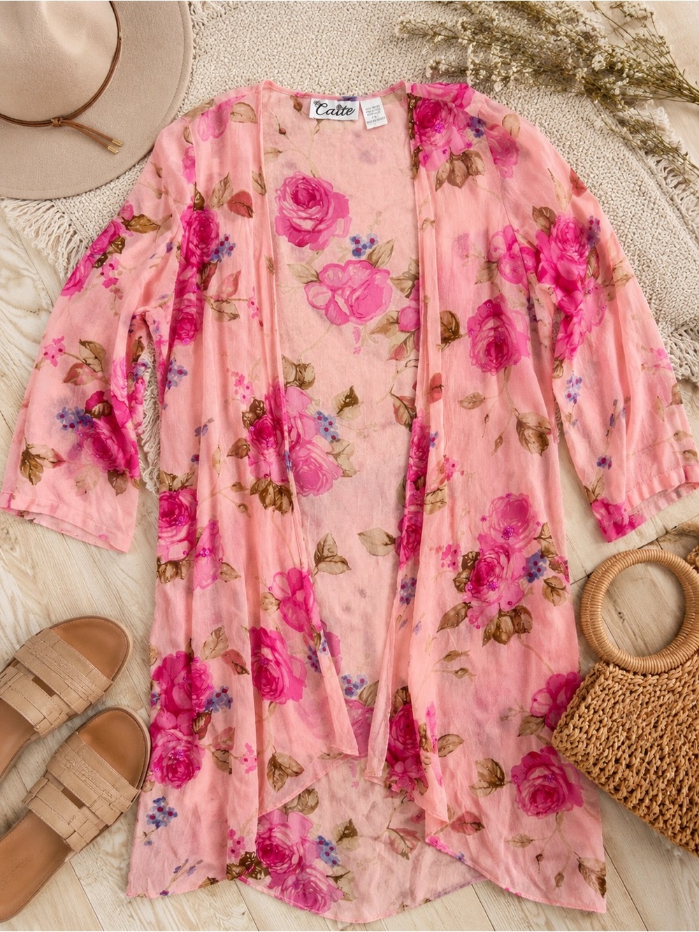 Caite Pink Floral Rose Sequin Long Kimono Duster Cardigan Size M